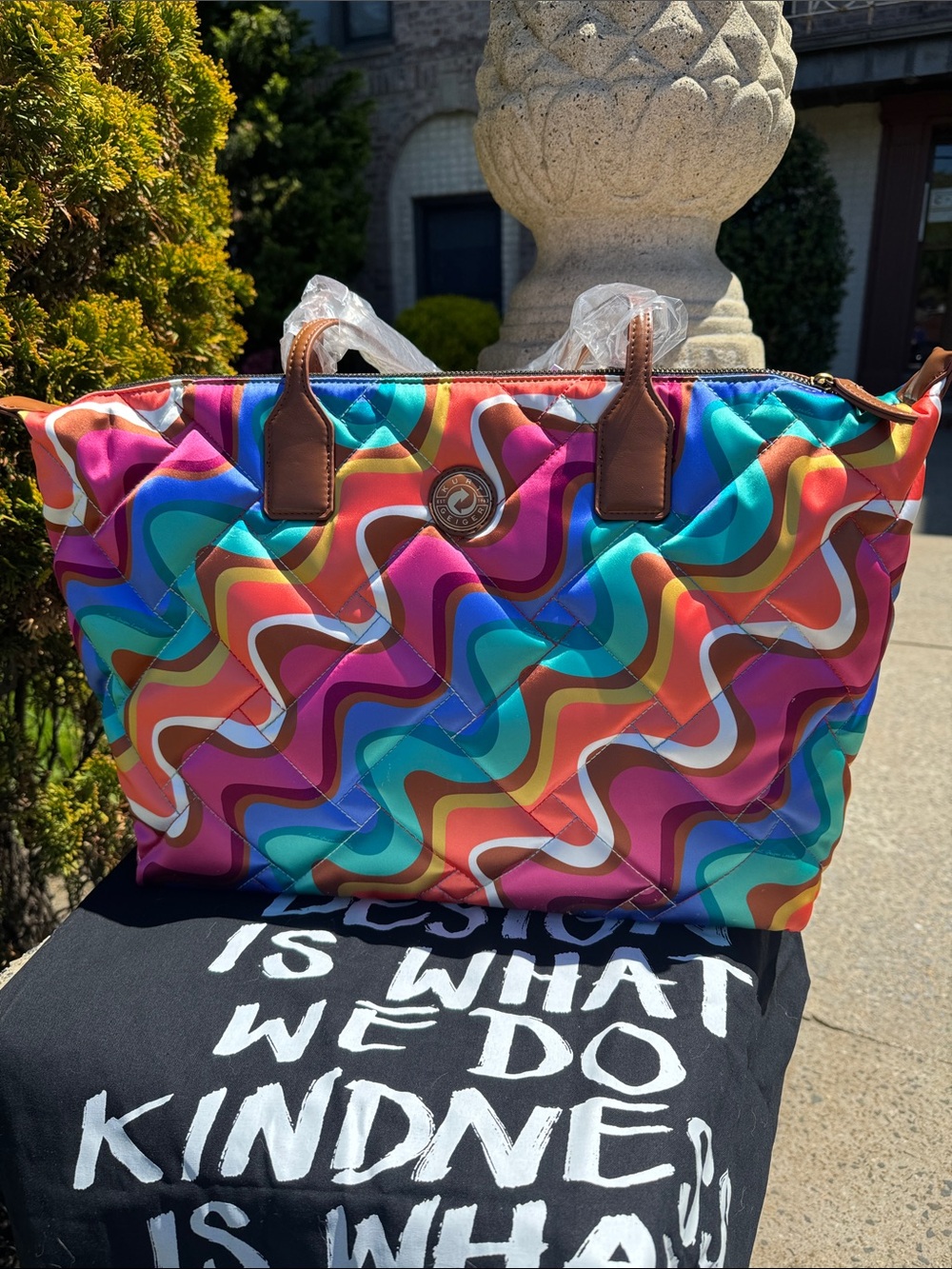 Kurt Geiger Colorful Wave Pattern Quilted Tote with Brown Handles Recycled nylon - Picture 5 of 16